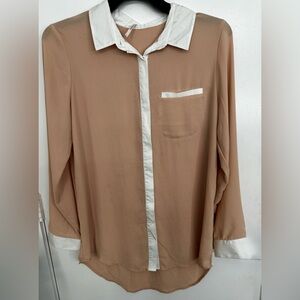 Free People Tan and White Accents Button Down Shirt Collared Long Sleeve